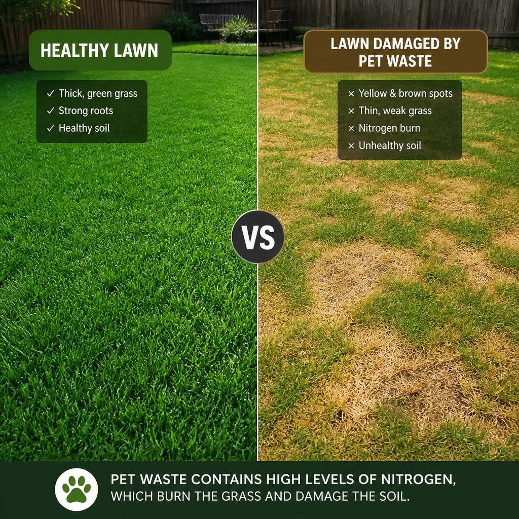 A comparison showing healthy green grass on the left and grass with yellow nitrogen burn patches on the right.