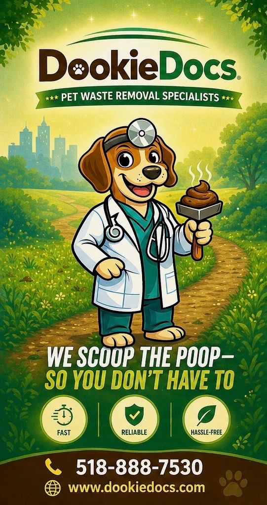 The DookieDocs promo image featuring the friendly dog mascot in a doctor's coat holding a scooper.