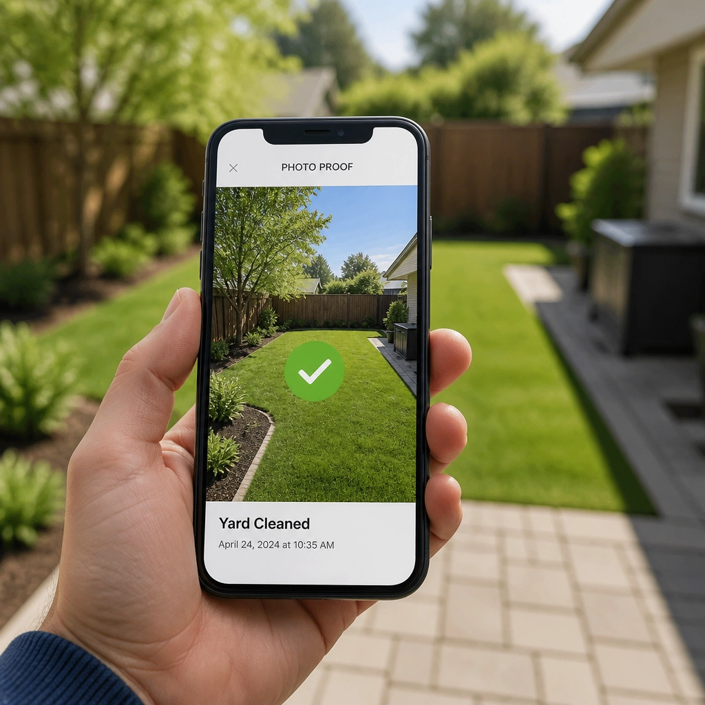 A person holding a smartphone showing a photo proof of a clean yard with a green checkmark icon.